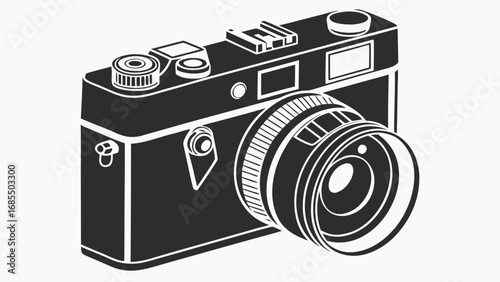 Illustration of a classic rangefinder camera with a prominent lens and various controls in black and white