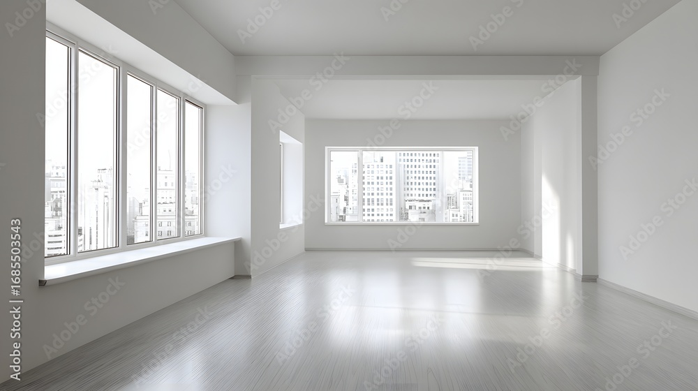 Fototapeta premium White minimalist empty dining room interior simple walls spacious floor