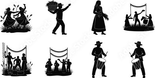 Harvest celebration silhouettes, dancing women, drum players, wheat gathering, festive children, traditional farming, cultural event, rural lifestyle, music, agriculture