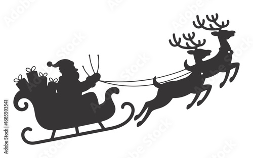 Santa Claus Silhouette in Sleigh Pulled by Reindeer, Festive Christmas Vector Illustration Design