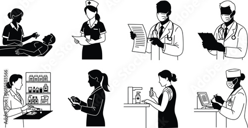 Healthcare workers, nurse, doctor, pharmacist, hygiene practice, medical tools, black and white illustration, hospital staff, clinical task, healthcare scene