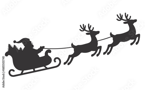 Santa Claus Silhouette in Sleigh Pulled by Reindeer, Christmas, Vector Illustration, Black and White