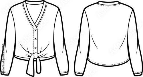 Front tie V-neck blouse with long sleeves, button down top, fashion flat sketch, CAD vector drawing for apparel design
