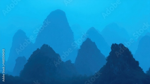 Misty rugged mountain peaks with varying heights create a striking landscape against a blue backdrop,