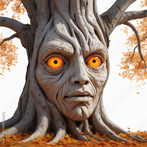 Cursed Oak with Fiery Eyes | Dark Halloween Night Design, Adobe Illustrator Artwork