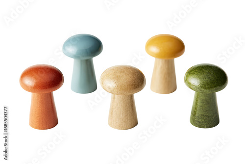 Six small, colorful mushroom-shaped decorative objects, arranged in a loose grouping. 