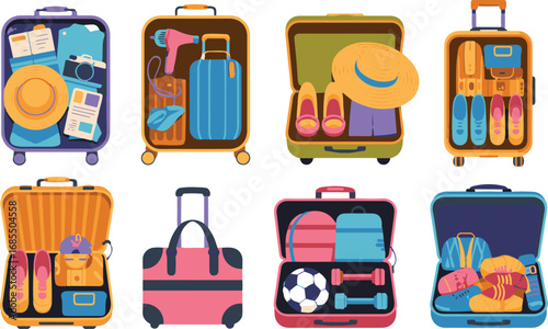 Packed Suitcases for Travel on Transparent Background Vector Illustration