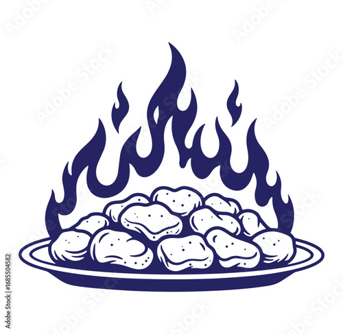 Delicious baked potato wedges on a plate with fiery flames illustration isolated