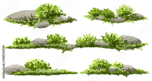  Vector watercolor green  tree or forest side view isolated on white background for landscape and architecture drawing,elements for environment or and garden,Shrub for section