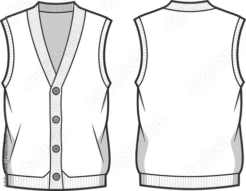 Men’s sleeveless buttoned cardigan vest, knitted fabric, casual fashion, front and back views, CAD flat vector illustration, garment design
