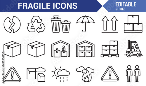 Line art fragile icon set featuring pallet, forklift, fragile glass, umbrella, and caution marks