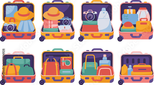 Open Suitcases with Travel Items Vector Illustration for Vacation and Adventure Theme