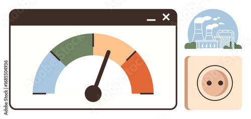 Energy meter with colorful ranges, industrial power plant structure, and electric outlet. Ideal for energy efficiency, electricity usage, sustainability, industrial power, renewable energy