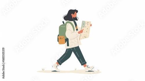 A focused individual walks forward while examining a map,