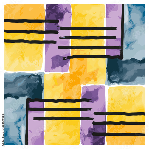 "Colorful Blocks" is an abstract pattern featuring vibrant yellow, purple, and blue blocks intersected by bold black lines. The watercolor texture adds a soft, fluid touch to the design, creating.
