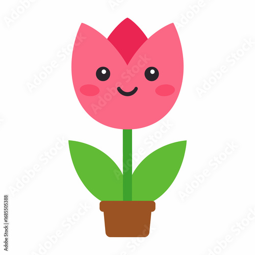 Cute Pink Tulip Flower Character in a Pot.