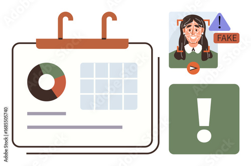 Calendar with charts, person marked as fake with warning signs, exclamation mark icon. Ideal for digital safety, misinformation detection, data analysis, cyber-awareness, fraud prevention, AI ethics