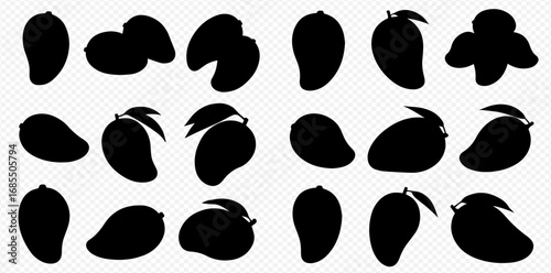 A collection of black mango fruit silhouettes in various shapes and orientations on a transparent background.