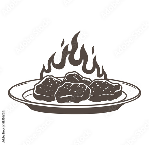Illustration of hot fried chicken or chicken nuggets on a plate with flames element