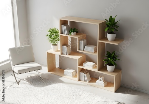 Biophilic interior design showcasing a stylish wooden shelf filled with various lush green houseplants in a minimalist setting