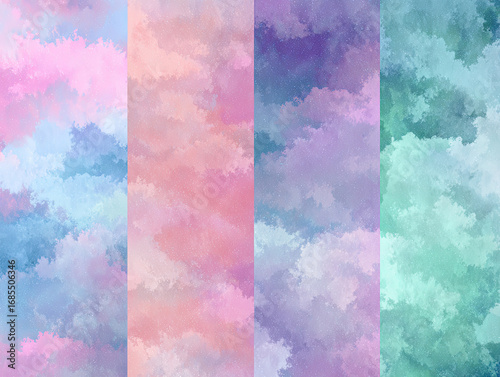 Four vertical panels of abstract cloud-like patterns in pastel colors. 