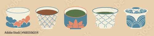 Set of cups with Asian patterns featuring black and green tea. Perfect for tea lovers, cafes, cultural projects, and designers focusing on traditional and elegant tea elements.