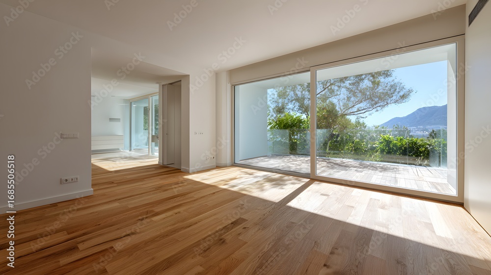 Fototapeta premium Spacious villa empty bedroom natural wood flooring daylight