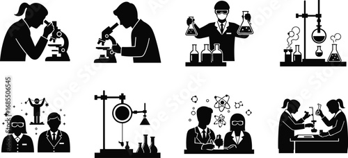 Science lab silhouettes, microscope use, chemical experiment, flask analysis, distillation setup, teamwork, research, scientific discovery, chemistry, laboratory activity