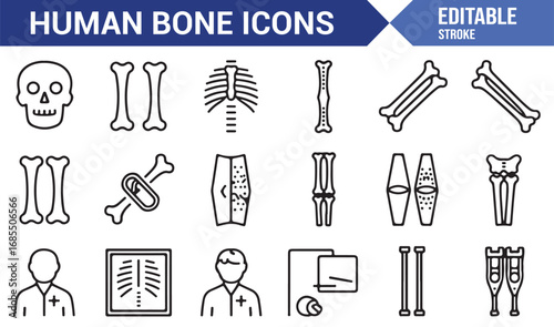 Human bone anatomy icon collection in outline style with fractures, orthopedic care, and X-ray images