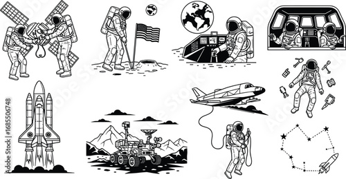 Space exploration vector illustration, astronaut, spaceship, moon landing, space shuttle, rover, cosmos, orbit mission, stars, galaxy science fiction