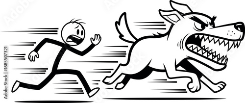 Vector vector art of scared stick figure running away from an angry dog transparent background