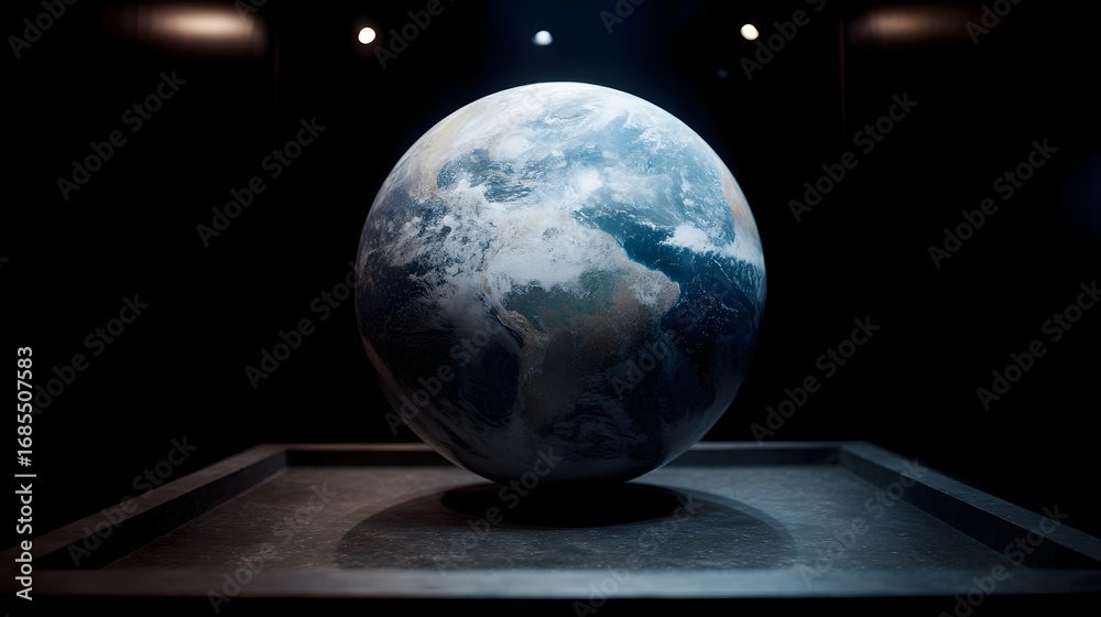 Fototapeta premium A detailed model of planet Earth showcasing vibrant continents and oceans dramatically illuminated by spotlights in a dark exhibit