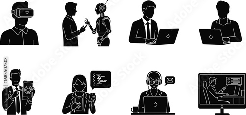 Technology silhouettes, virtual reality, robotics, laptop work, tablet usage, coding, remote support, digital interface, business tech, modern professions, innovation