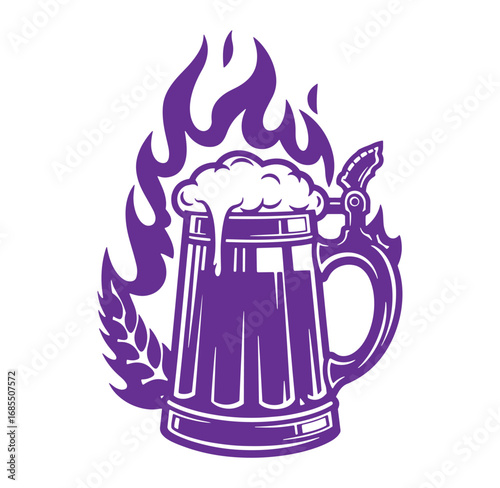 Vector illustration of a frothy beer stein with decorative flames and wheat sprig.