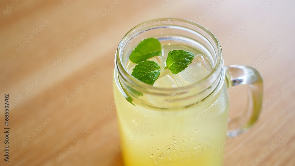 Fototapeta premium Refreshing Lemonade in a Mason Jar with Mint on a Wooden Table