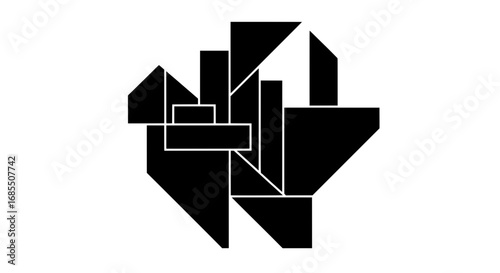 A complex black and white vector of layered geometric shapes. This modern abstract design is ideal for creative apparel graphics or unique clipping masks.
