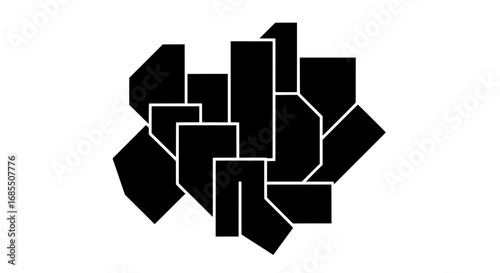A minimalist black and white vector graphic featuring a dense cluster of geometric polygons. This modern, abstract shape is perfect for clipping masks.