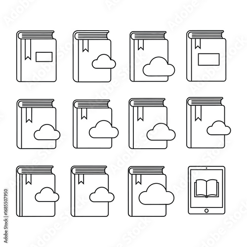 Digital Books Icon Set: A versatile collection of modern, clean-lined icons representing various concepts related to digital books, ebook readers, and cloud-based document management.