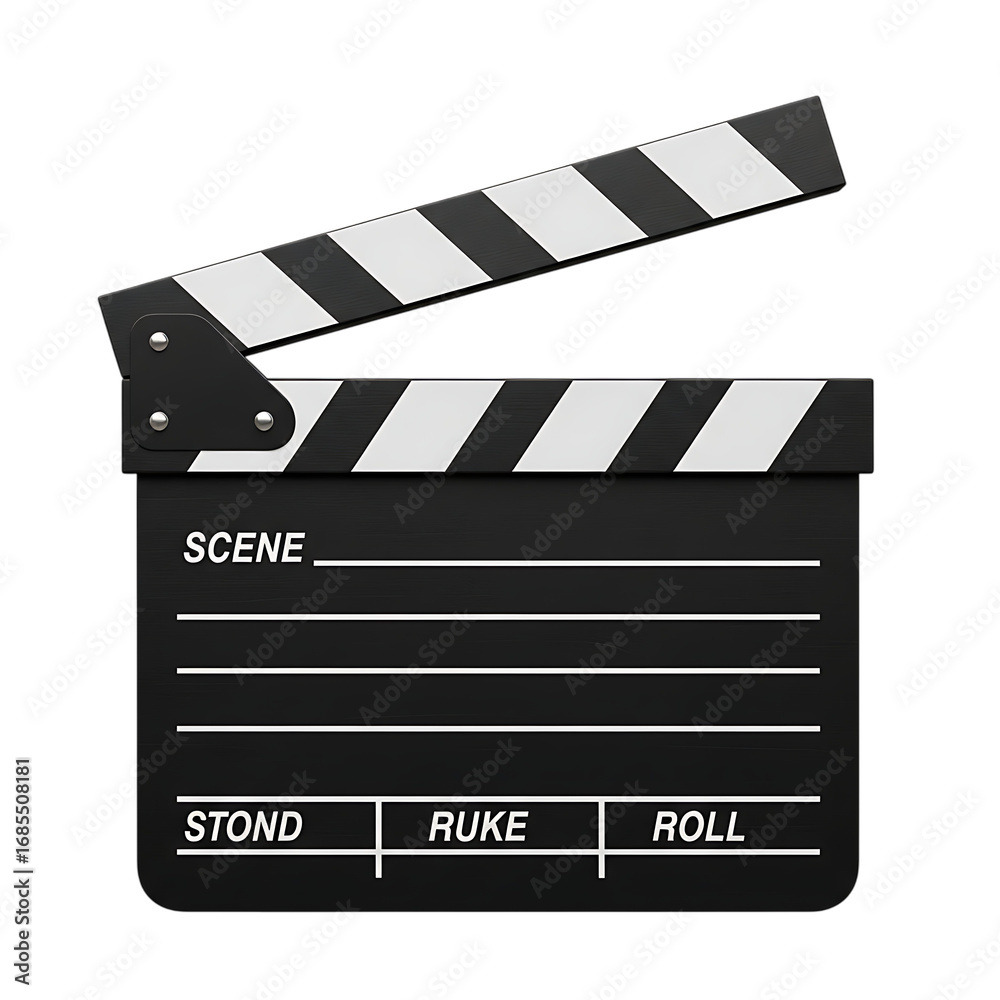 Fototapeta premium Black movie clapperboard with white stripes isolated on transparent background