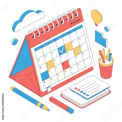 Isometric calendar planner with checklist and reminders