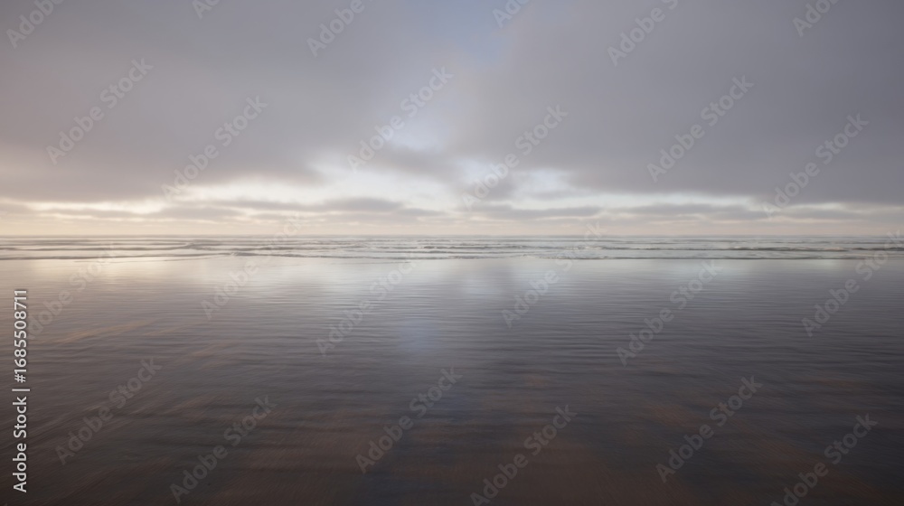 Fototapeta premium Expansive seascape with calm ocean shoreline, gentle waves lapping wet sandy beach,