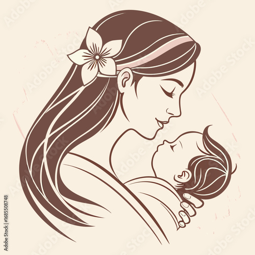 Elegant mother holding her newborn baby, a symbol of maternal love and care, perfect for Mother's Day marketing or family health campaigns