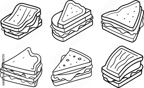 Set of grilled cheese sandwich outline vector illustration line art