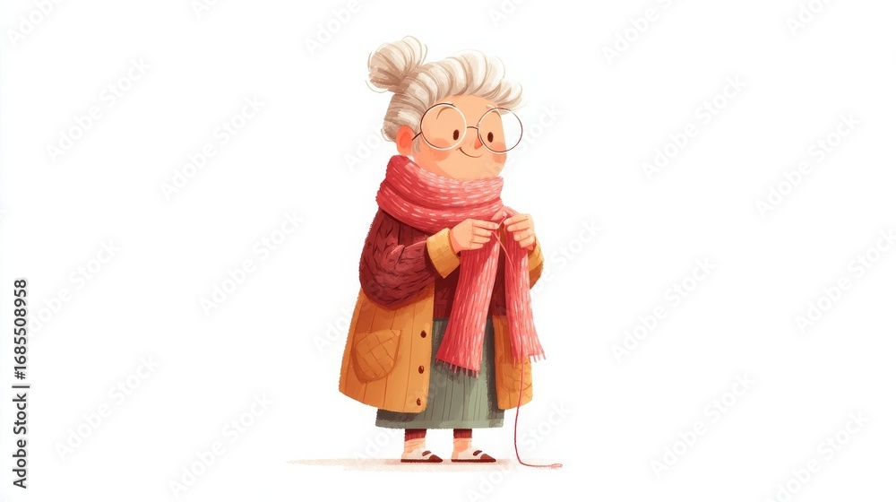 Fototapeta premium An elderly woman intently knitting wears round glasses and a brown jacket over a green dress with a purple scarf attache