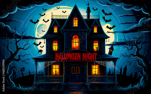 Haunted mansion under full moon halloween haunted house
