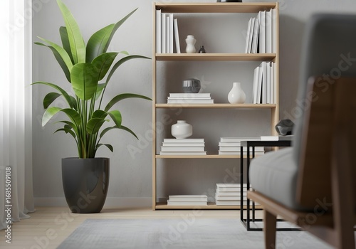Serene home interior with a curated bookshelf, a comfortable armchair, and a large potted plant creating a tranquil atmosphere