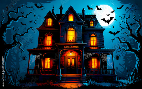 Spooky haunted manor at night with bats Halloween