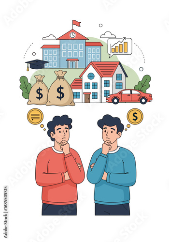Two men thinking about financial goals future investments education and wealth building concepts