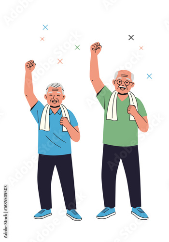 Senior men celebrate fitness success with upraised arms and towels around their necks