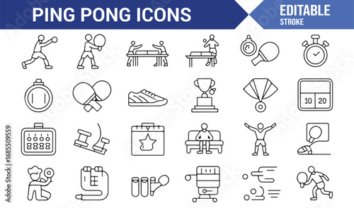 Stroke style ping pong icons pack with competition, rally, serve, spin, and championship illustrations